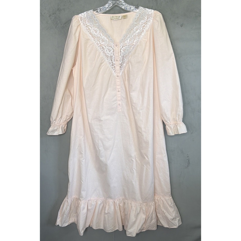 Vintage Victoria's Secret Nightgown Women's M Pink Cotton Lace Ruffle Gown